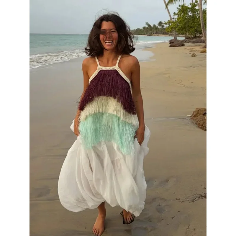 Women Halter Tassels Cami Top Color Block Sleeveless Crochet Beach Fashion Tank Tops 2026 Summer Vacation Casual Cover Up Tops