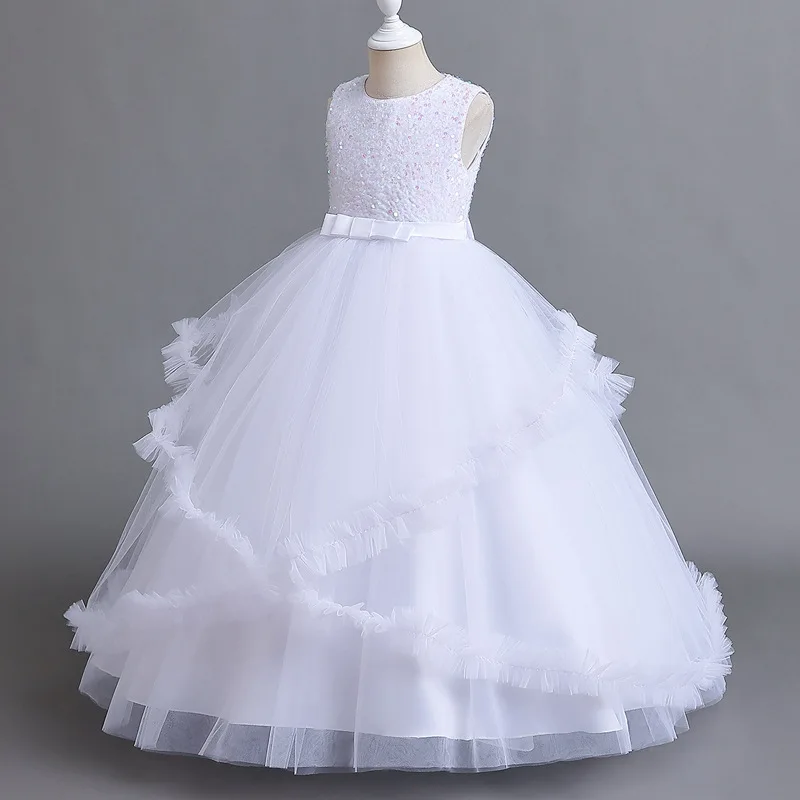 New Girls‘ Ceremony Dress Kids Outfits Ceremonial Long Dress Wedding Prom Sequins Evening Costume Tulle Princess Vestidos