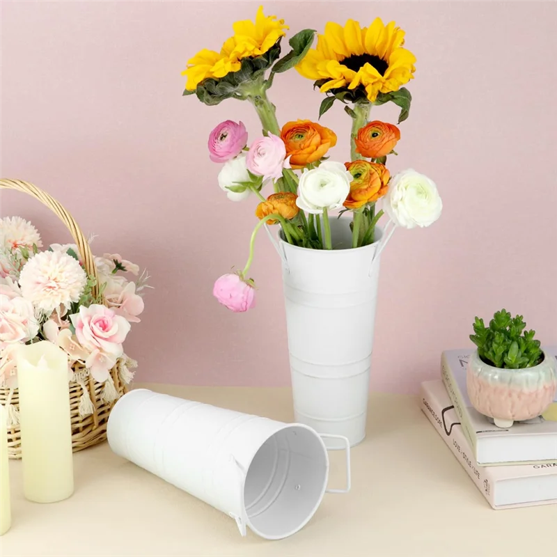 ABJN-Cubos de flores blancos, 6 piezas de jarrones de metal galvanizado de 9,8 "de alto con revestimiento impermeable, cubos de flores de estilo francés