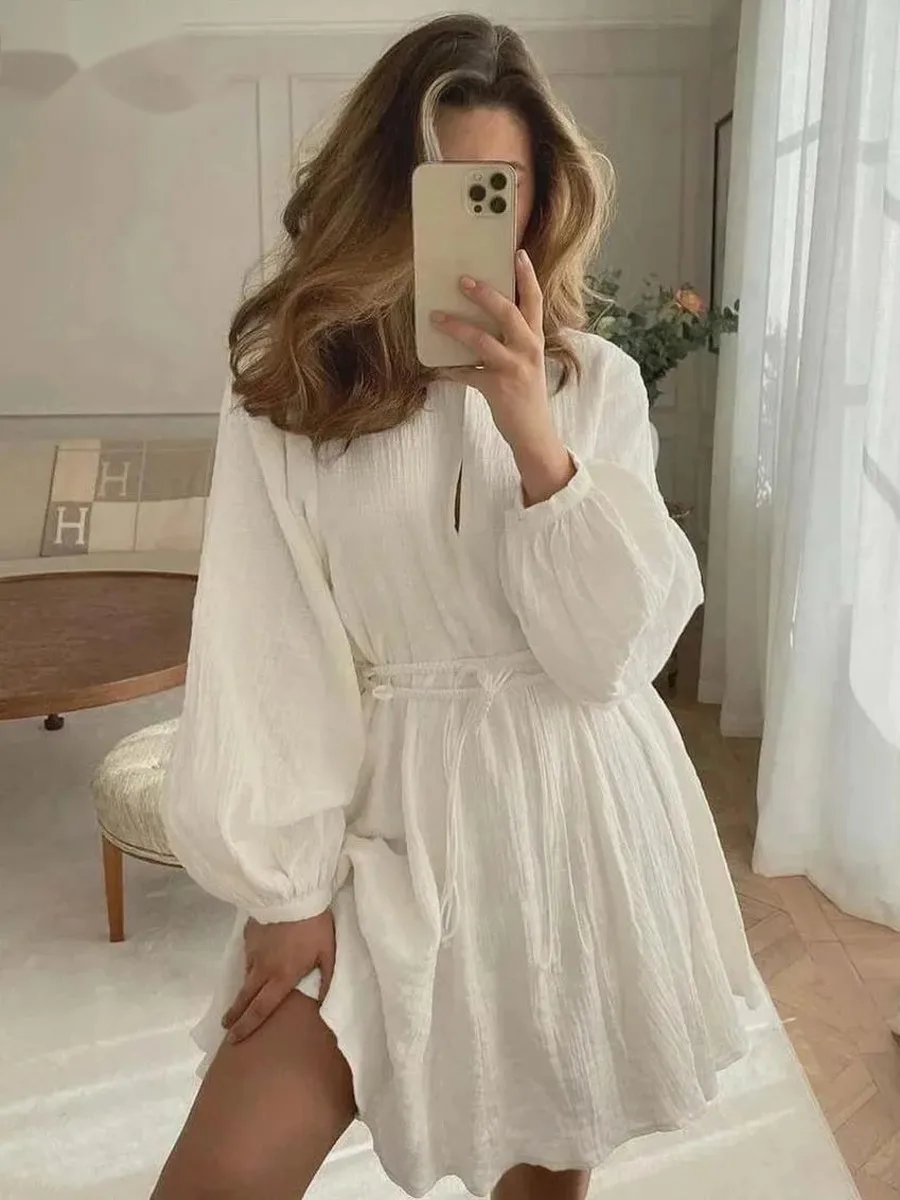 Elegante bege algodão das mulheres vestidos moda com decote em v manga longa rendas vestidos casuais solto plissado mini vestido streetwear rq24