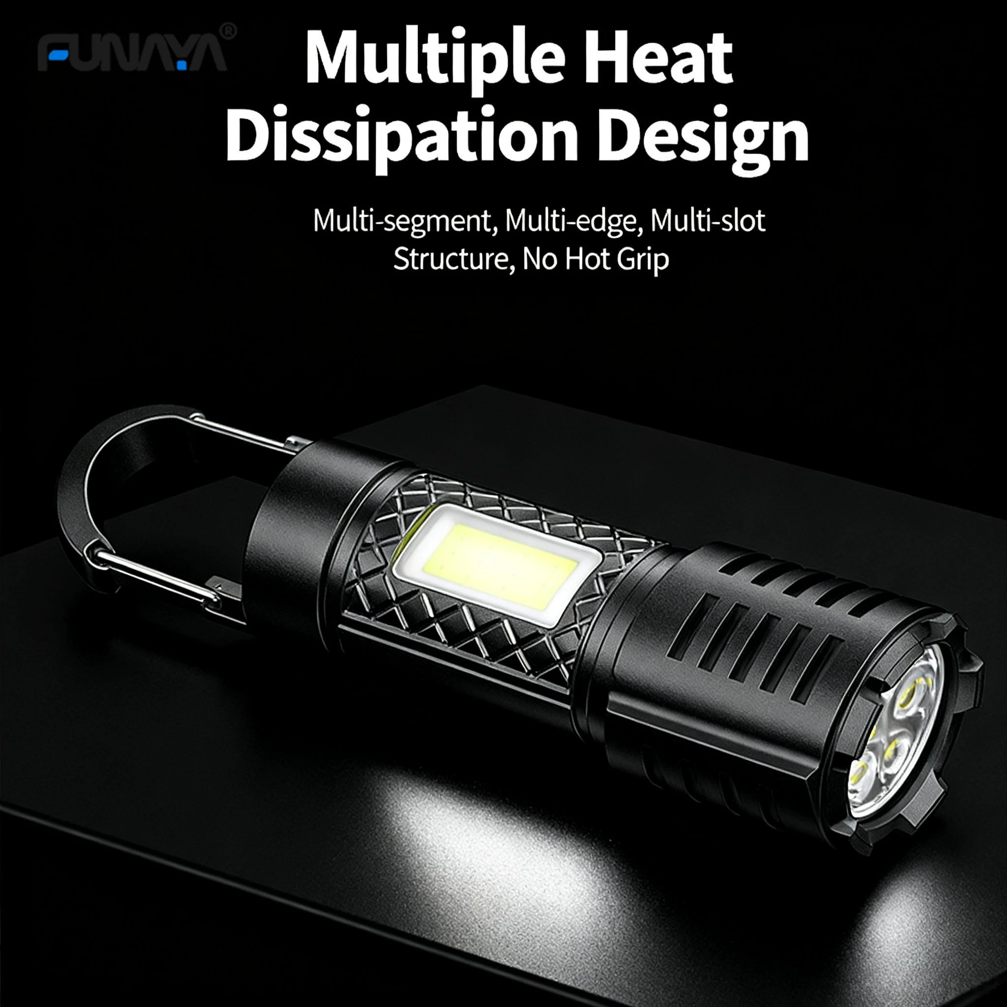 

FUNABO COB Flashlight Side Light Hook Portable Outdoor Camping 3 Level Adjustable Small Strobe Lights Flashlight with Li Battery