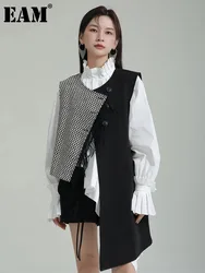 [EAM] Women Black Irregular Plaid Tassels Loose Fit Vest New Round Neck Sleeveless Fashion Tide Spring Summer 2024 1DF6533