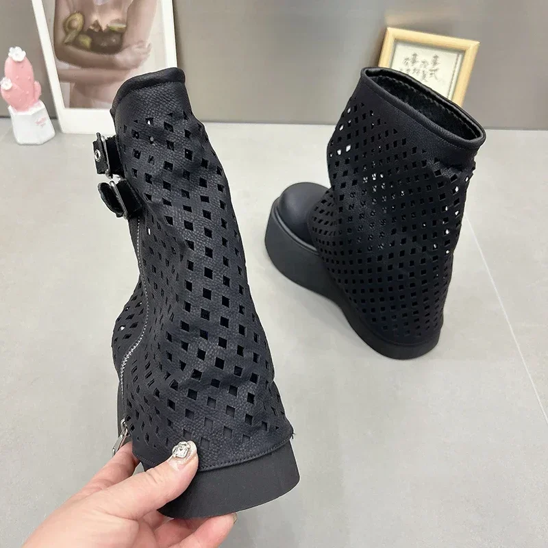 Bottes Courtes Ajourées avec Ceinture pour Femme, Chaussures Plates, Élégantes, à la Mode, Automne Hiver