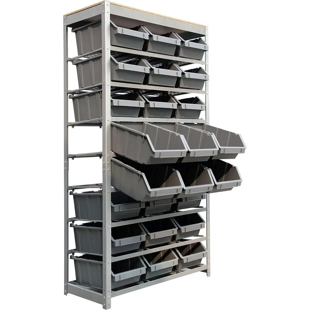 

Heavy-Duty Steel Bin Rack Organizer with 24 Plastic Bins in 8 Tiers Storage System