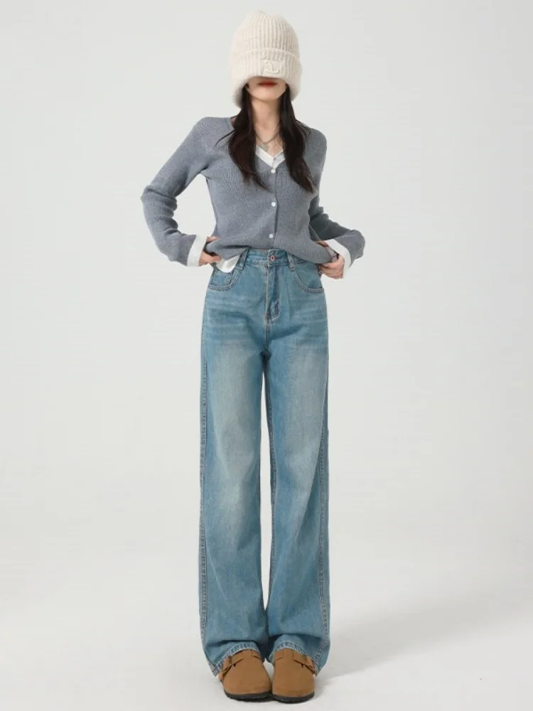 Pantalones vaqueros de pierna ancha ajustados con forro de Fce de cintura alta para mujer Otoño Invierno nuevos pantalones de tubo rectos largos sueltos de talla grande