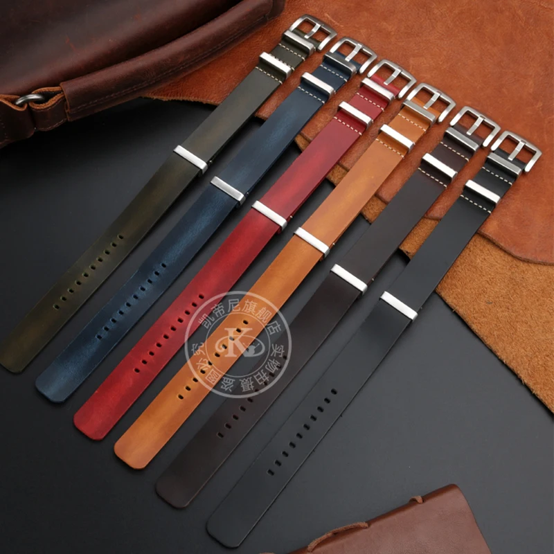 حزام ساعة رجالي من جلد البقر الأصلي بحلقات فولاذية ، حزام ساعة سيغال أوميجا ، شمع زيت شبحي مائي ، 18 ، 20 ، 22 ، 24