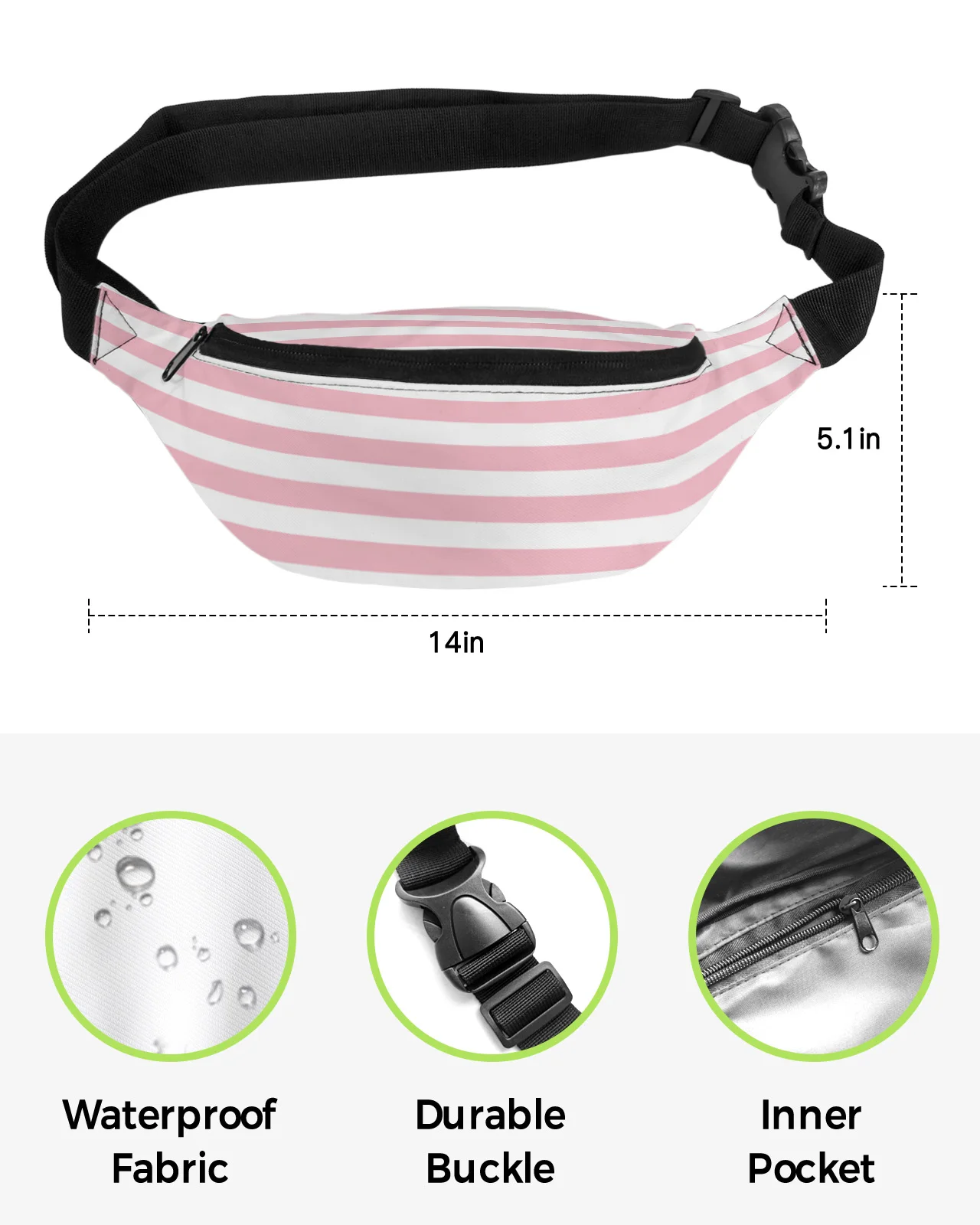 Bolsa de cintura impermeável para homens e mulheres, Fanny Pack, Banana Hip Bags, cinto de telefone grande, bolsa, rosa, branco, listras