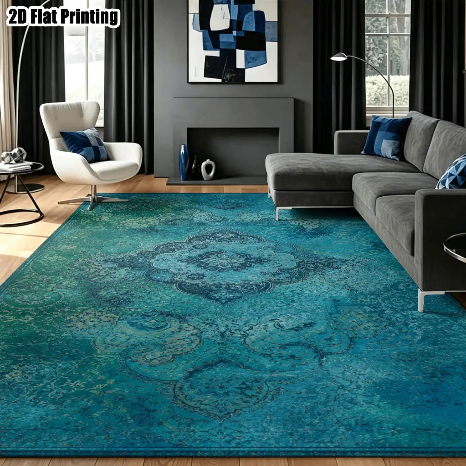 1Pc 2D Printed Carpet: Blue-Green Retro Floral Pattern, European/Bohemian/Geometric Style, Machine Washable, Multi-Size, Home Decor for Entrance, Living Room, Bedroom, Dining Room, Foyer