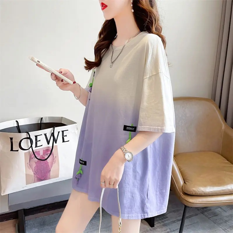 2023 Summer Korean Version Loose Casual Oversize Belly Covering Mid Length Heavy Duty Tie Dyed Round Neck Short Sleeved T-shirt