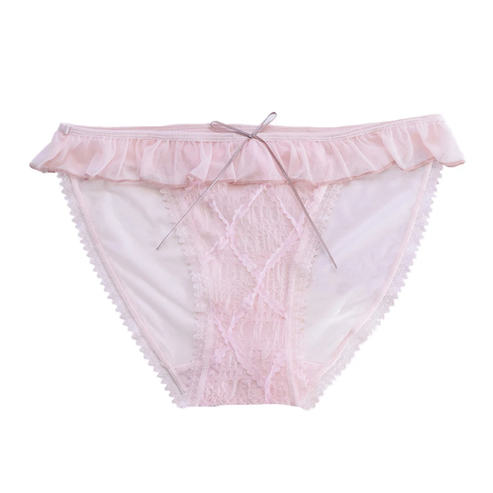 Women Underwear Panties Folds Bubble Lace Ruffles Cross Cute Bow Mesh Briefs Ultra Thin Underpants Female Knickers Lightweight