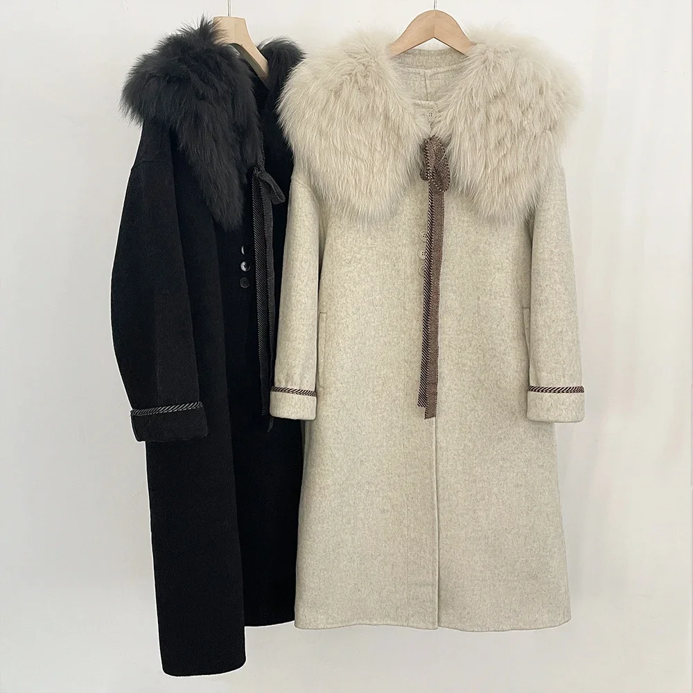 

Шерстяная куртка женская с воротником из натурального меха длинное шерстяное пальто для женщин куртка из лисьего меха верхняя одежда с карманами осень-зима женская