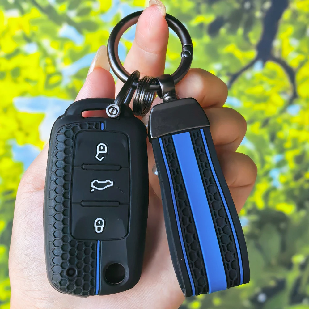 Honeycomb Texture Silicone Flip Key Case with Keychain for VW UP Polo Golf 6 Passat B5 Caravelle Touareg Skoda Fabia Octavia A5