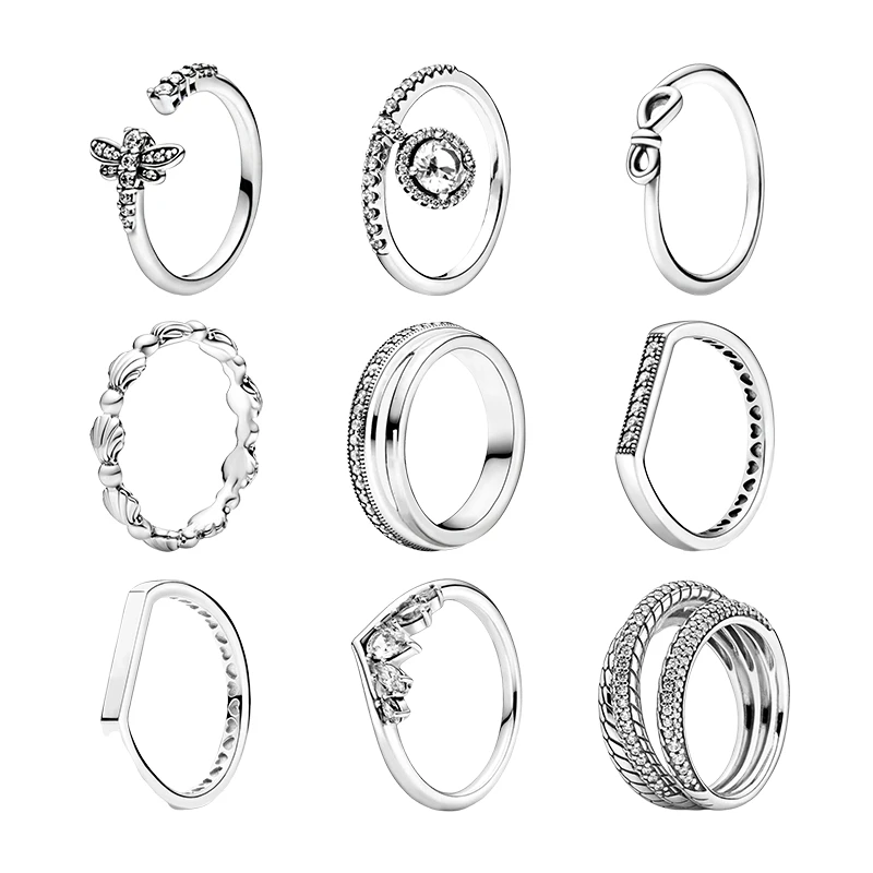 

Silver 925 Original Stack Finger Rings For Women Jewelry Dragonfly Infinity Knot Triple Bands Seashell Bar Wishbone Snake Chain