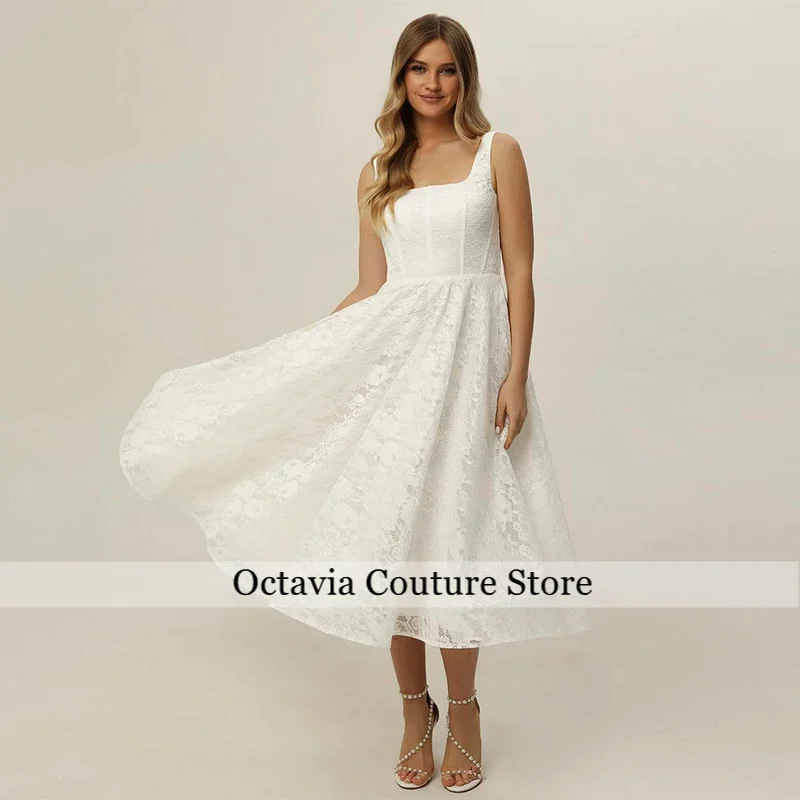 Sexy Short Lace Wedding Dress Square Neck Sleeveless Open Back Tea Length Bridal Gown Vestidos De Novia Little White Dresses