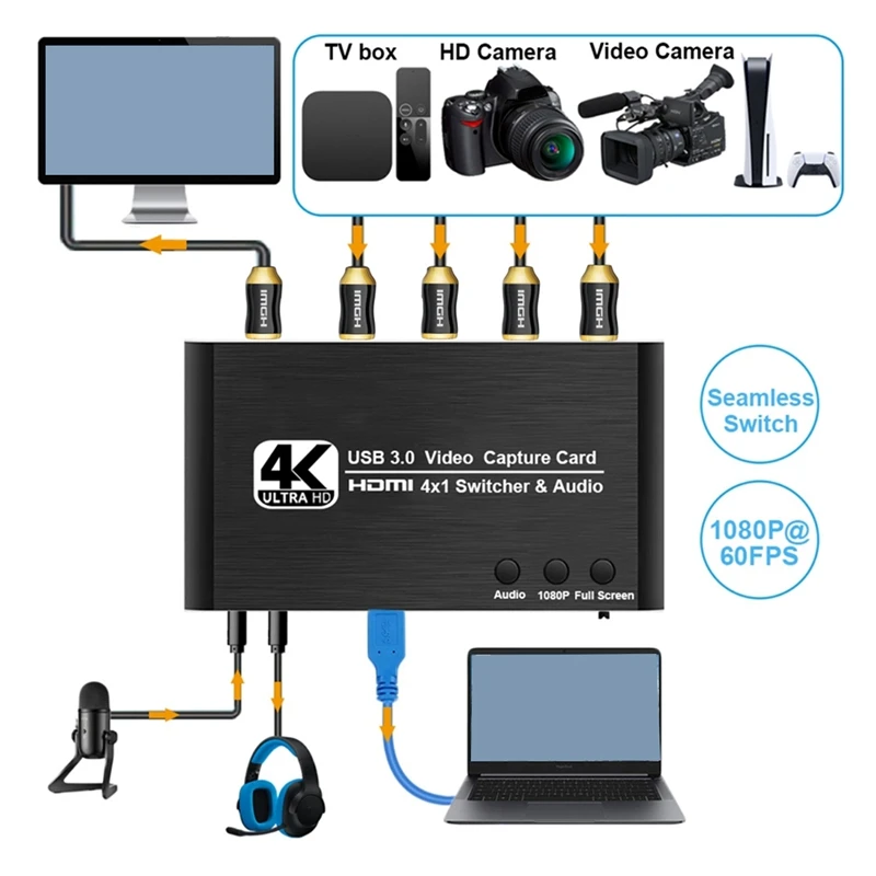 4K Video Capture Card 1080P 60Fps -Compatible To USB 3.0 Camera Grabber Game Capture Recording For Live Streaming