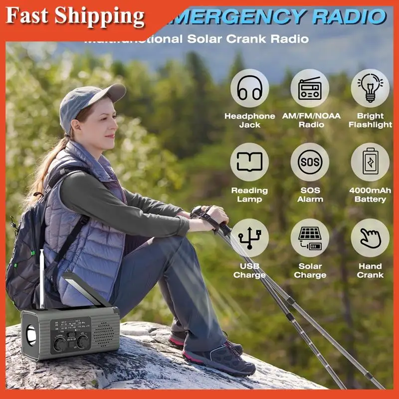 

Efficient 1 Piece Emergency Weather Radio, 4000Mah Weather Alert Radio AM/FM Radio ABS Solar Charging, Hand Crank & USB Charged