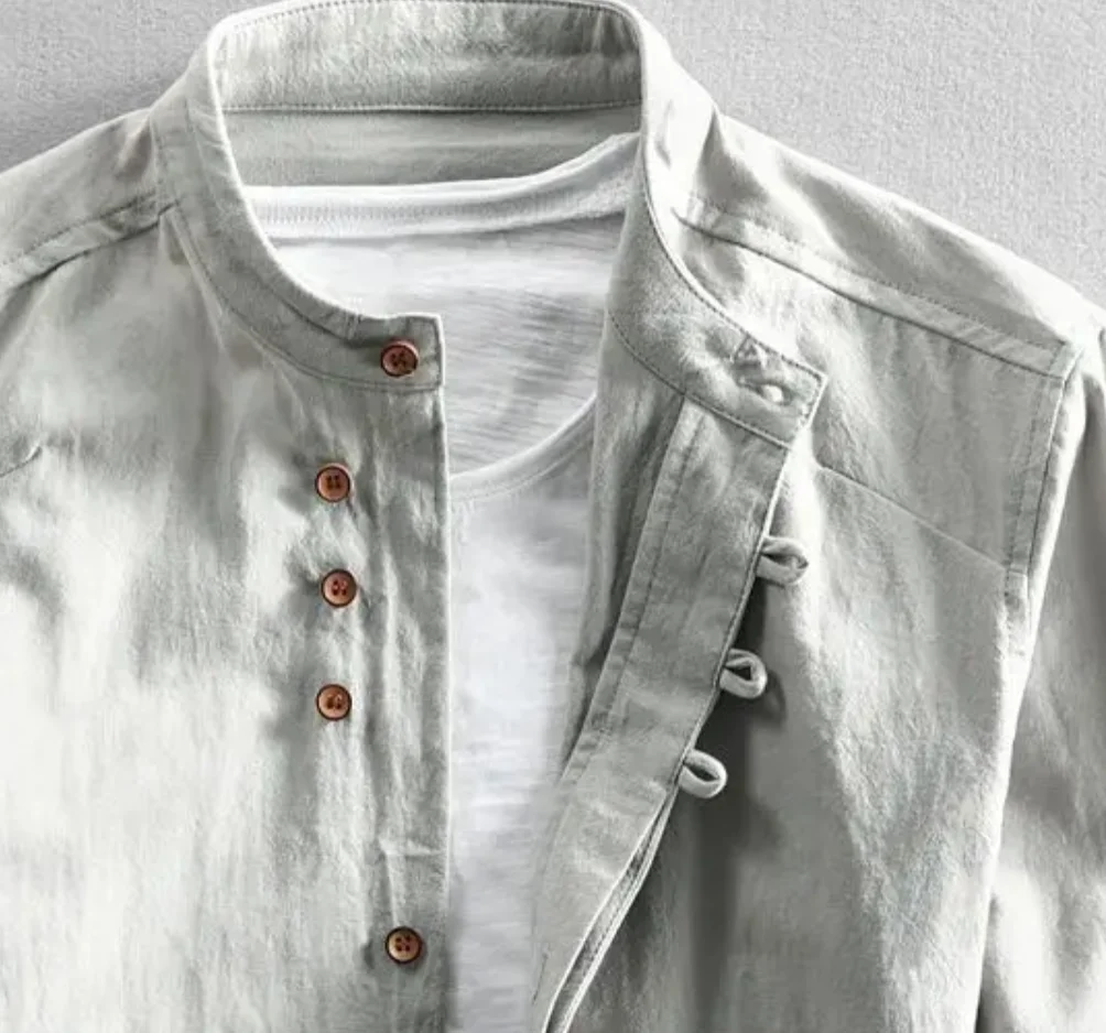 Length Casual Office Shirt Men Autumn Winter Shirt Stand Collar Long Sleeve Thick Single-breasted Cardigan Retro Slim Fit