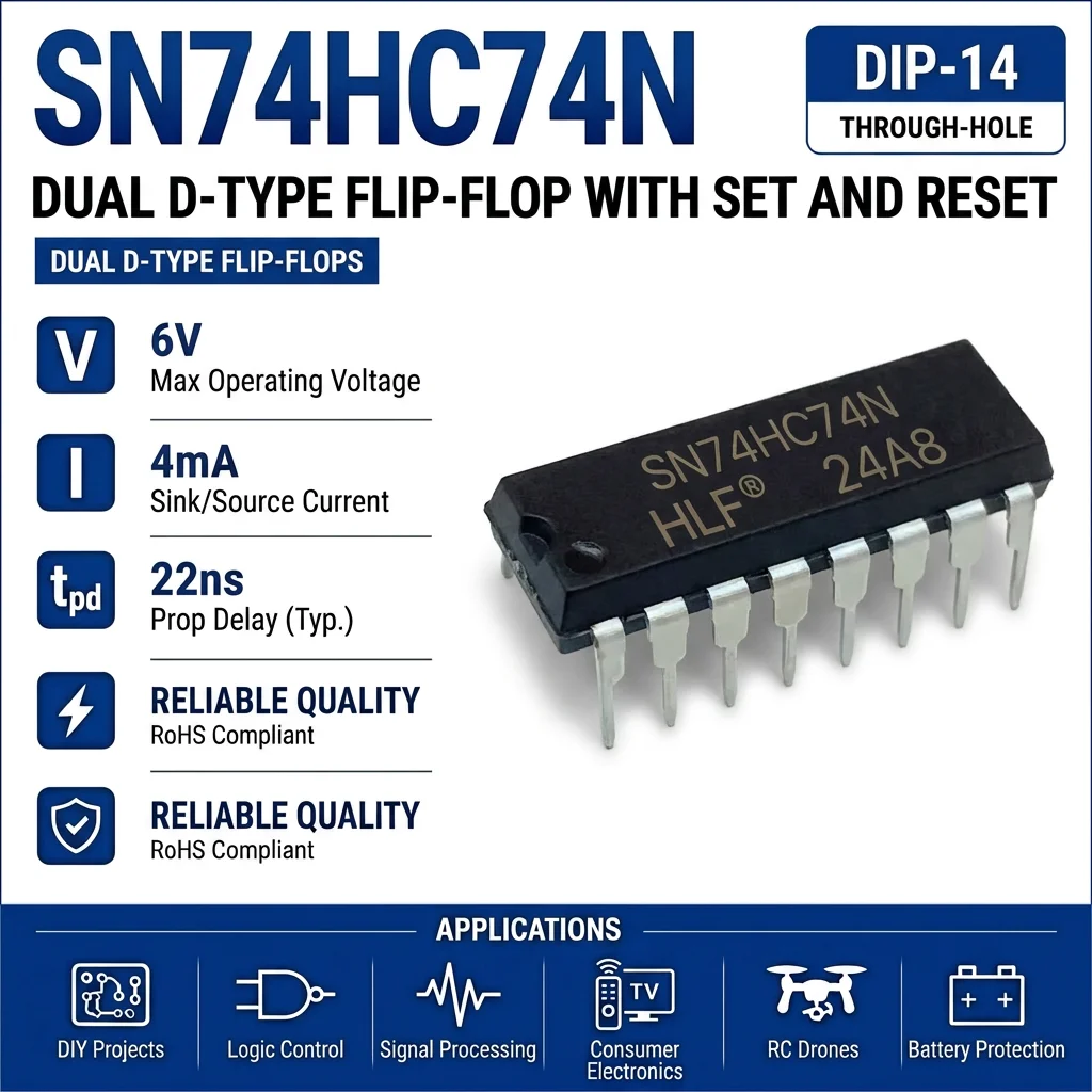 (10 pcs) SN74HC74N DIP-14/SN74HC74DR SOP-14 SN74HC74 74HC74 Dual D-Type Positive-Edge-Triggered Flip-Flop 2V-6V