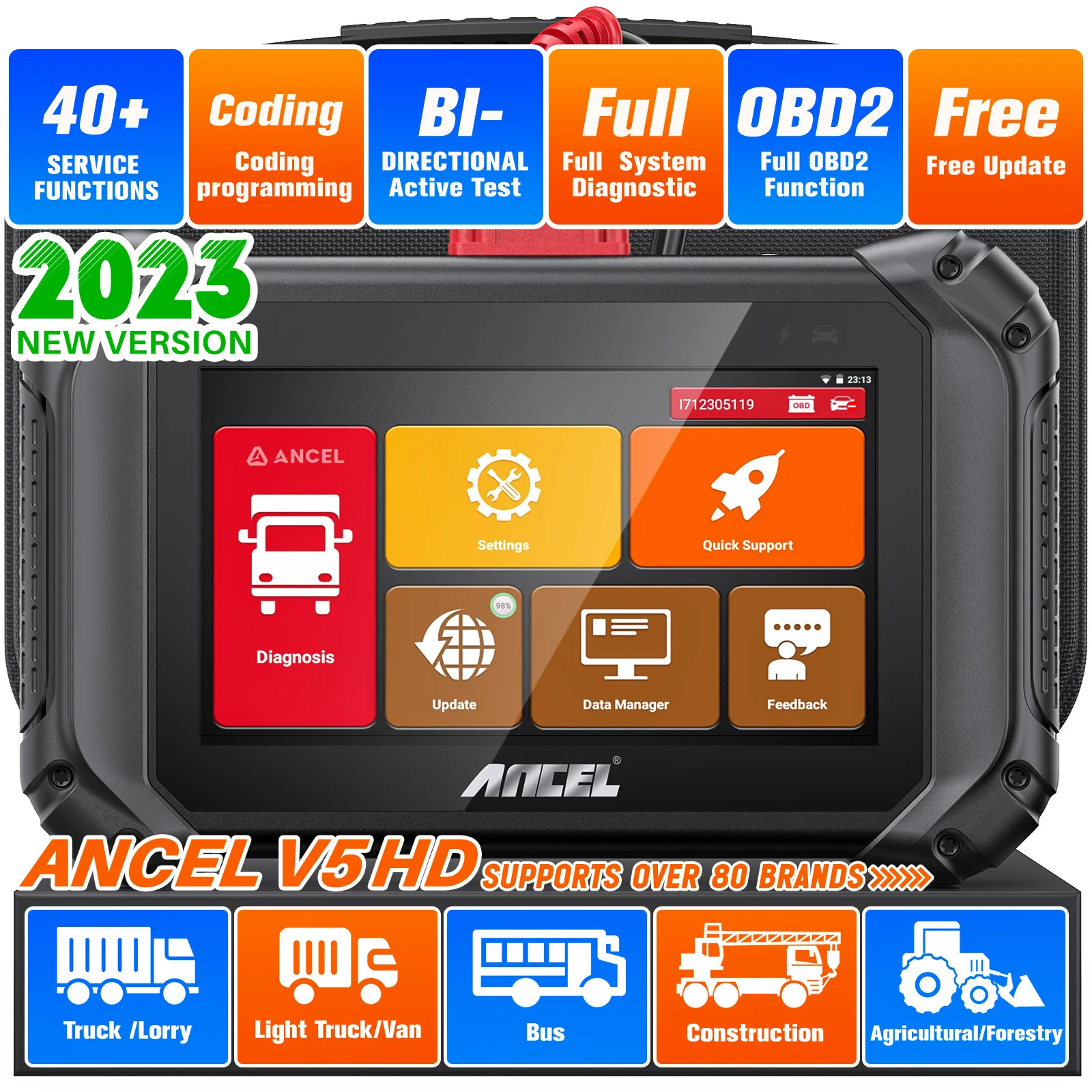 ANCEL V5 HD Heavy Duty Truck OBD2 Diagnostic Tool All System 40+ Reset ECU Coding BI-directional D.PF Regen Diesel Truck Scanner