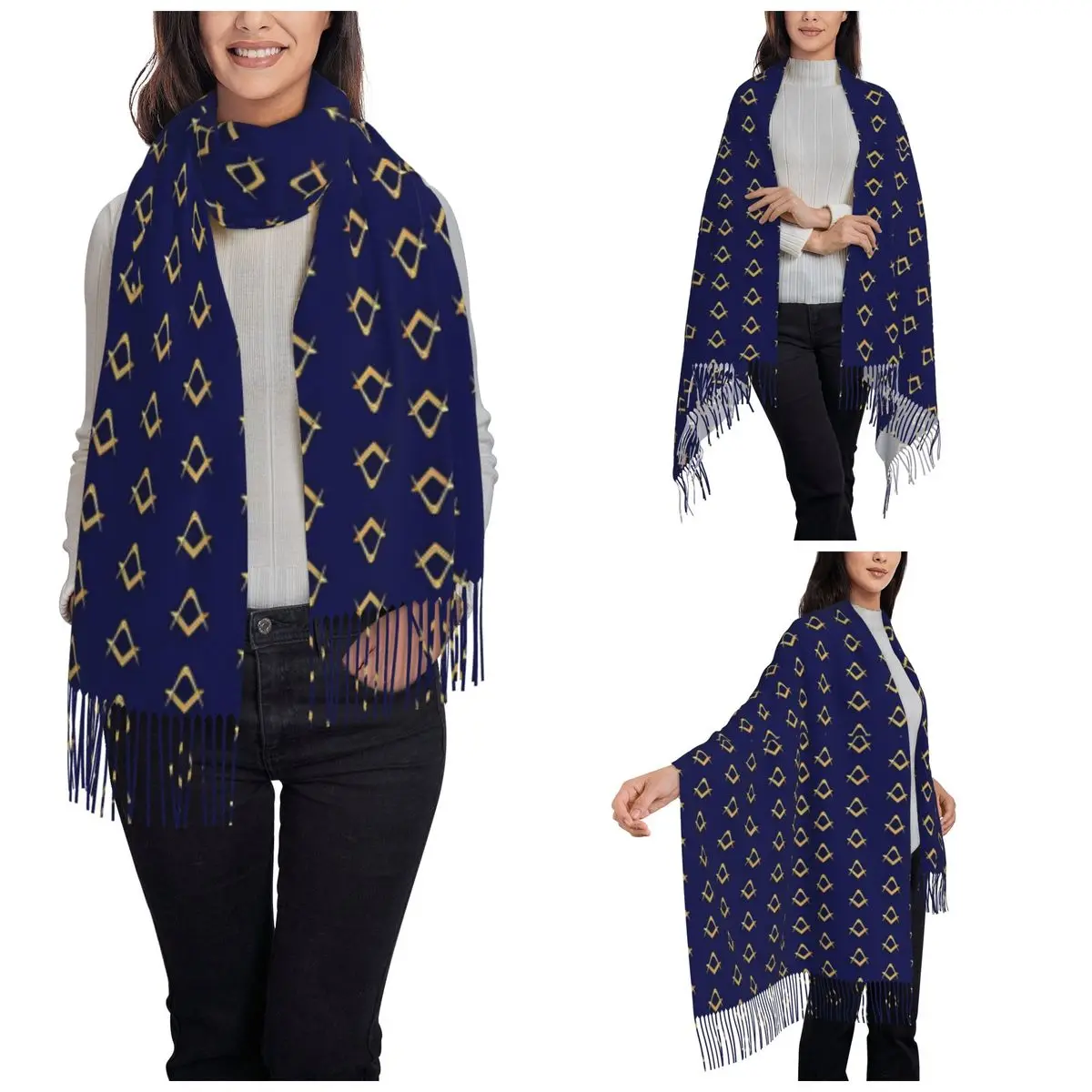 Women's Tassel Scarf Freemason Pattern Gold Blue Square & Compass Masonic Large Winter Fall Shawl Wrap Daily Wear Cashmere Scarf