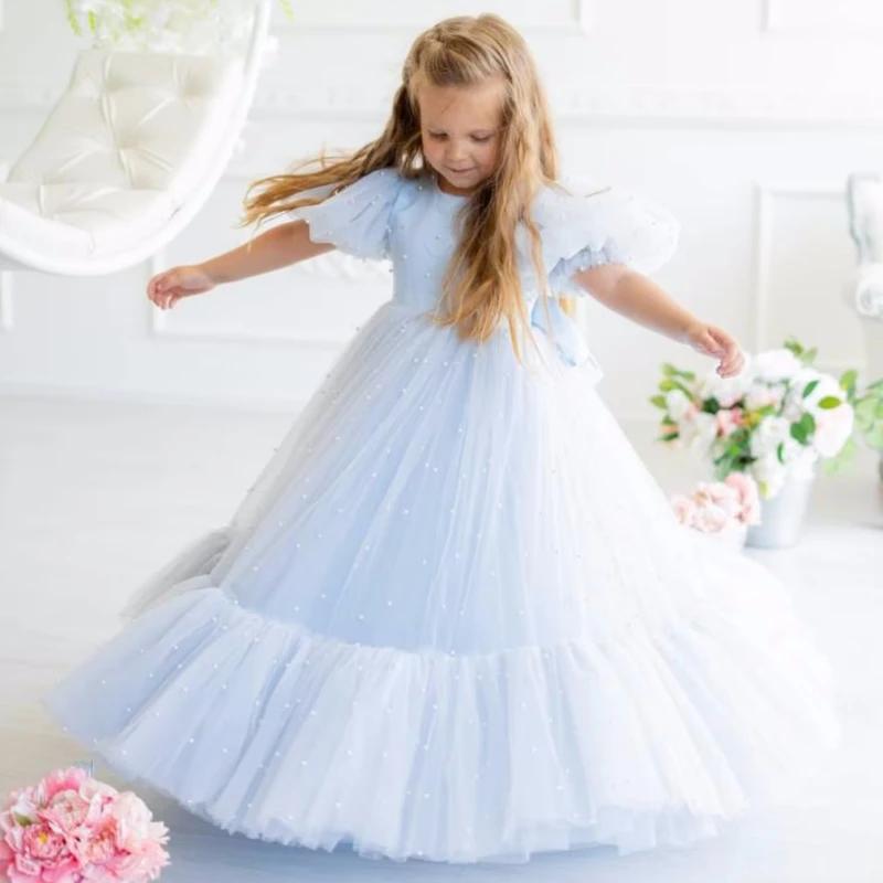 

Light Blue Flower Girl Dresses Tulle Puffy Pearls Skirt With Bow Ribbon Short Sleeve For Wedding Birthday Holy Communion Gowns