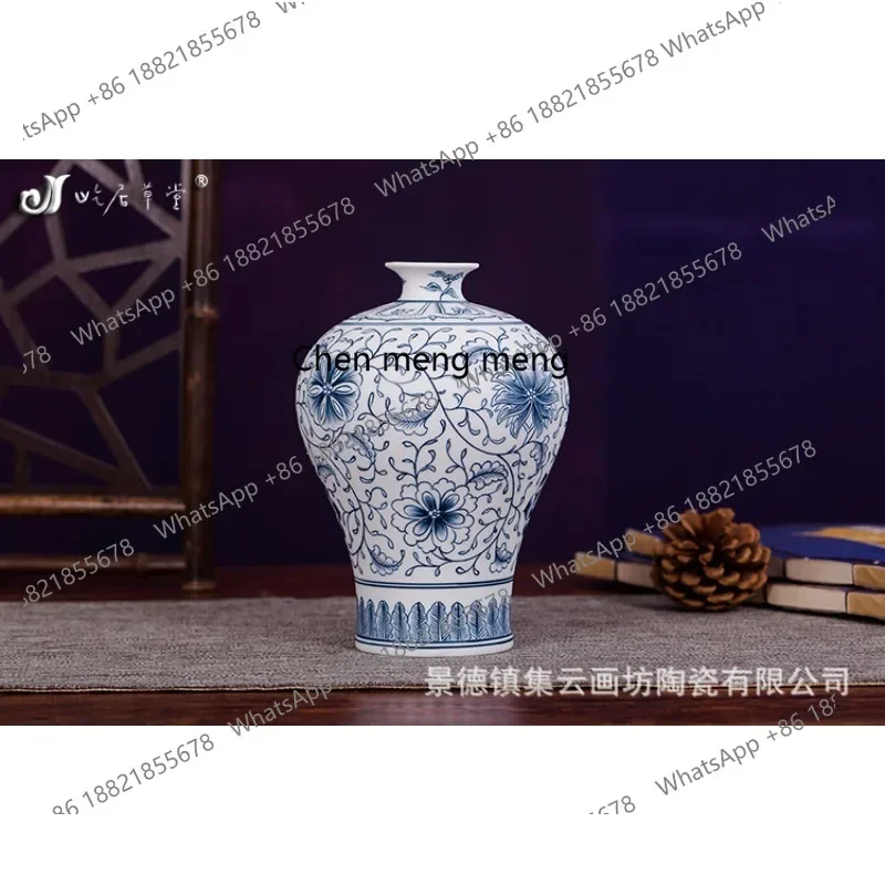 A74Hand painted blue and white tangled lotus plum vase Jingdezhen ceramic small vase blue and white porcelain