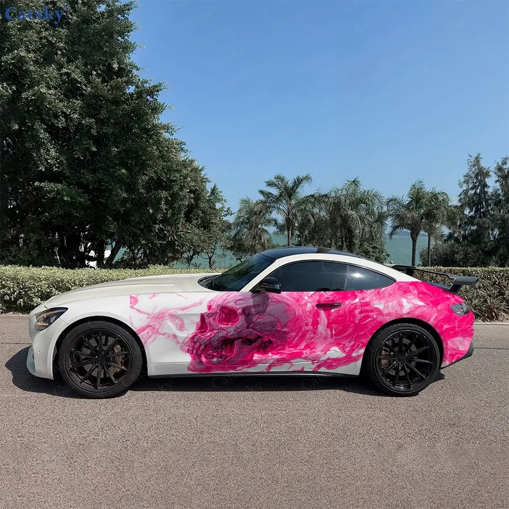 2pcs Pink Fire Skull Car Side Wraps, Self-Adhesive PVC Waterproof & Scratch-Resistant Stickers, Car Accessory Gift