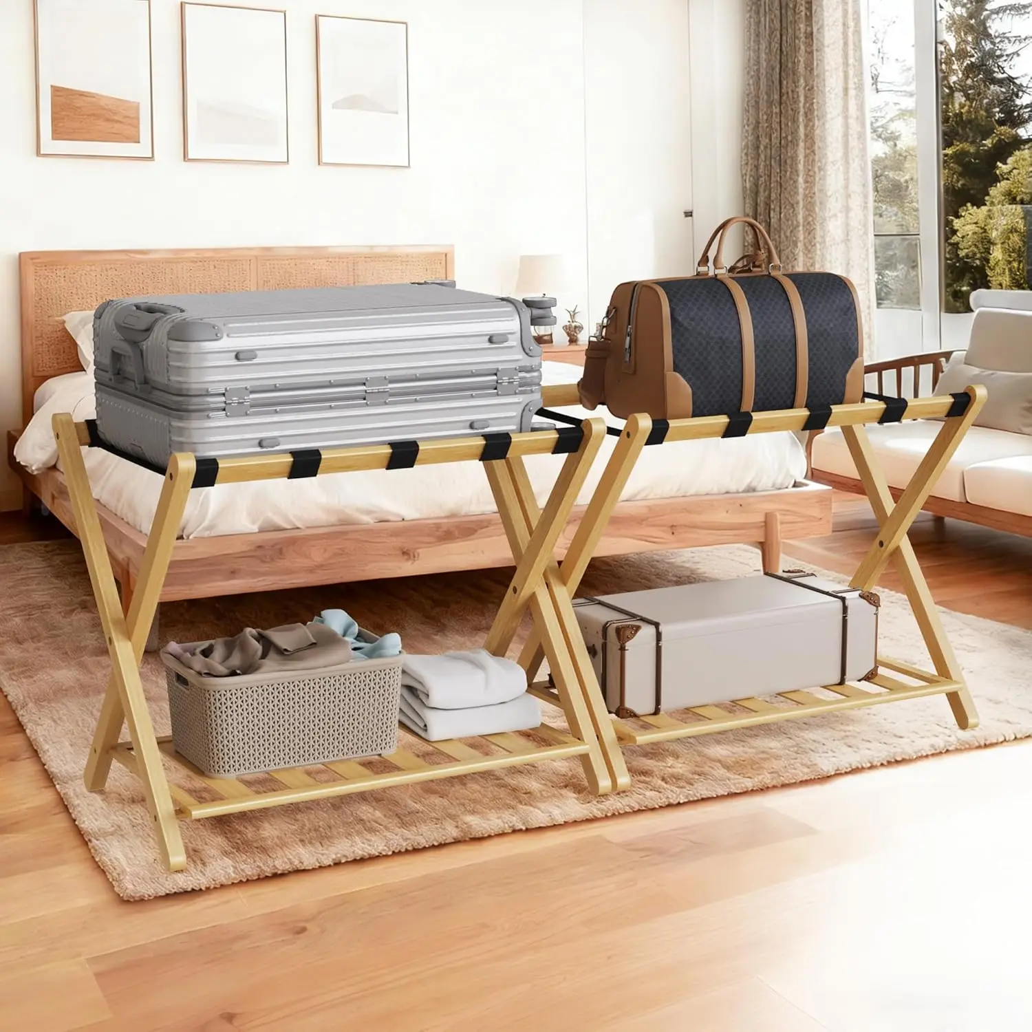 

Bamboo Luggage Rack Set of 2, Foldable Suitcase Stand with Storage Shelf for Guest Room, Holds 165 Lbs, Yellow