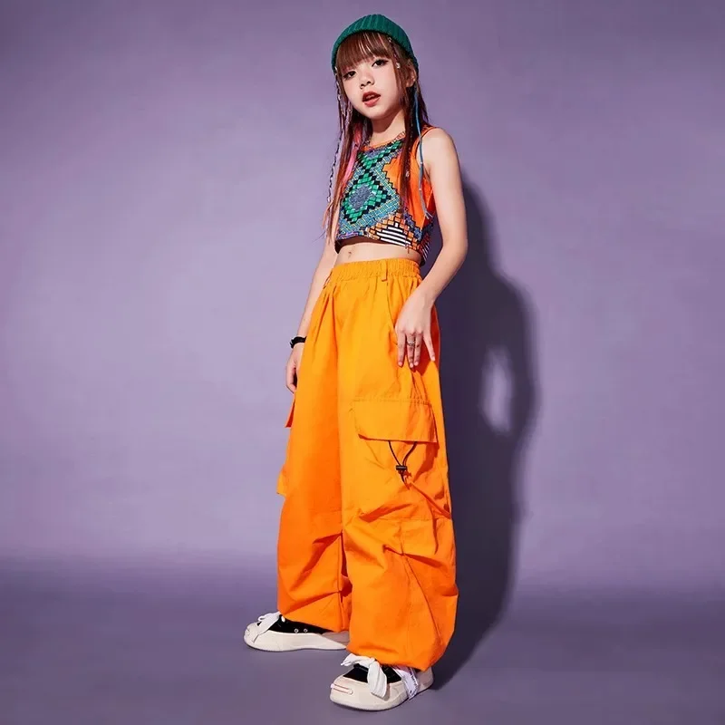 Kid Kpop Hip Hop Clothing Geometry Print Crop Tank Top Orange Casual Jogger Cargo Pants for Girl Jazz Dance Costume Wear Clothes