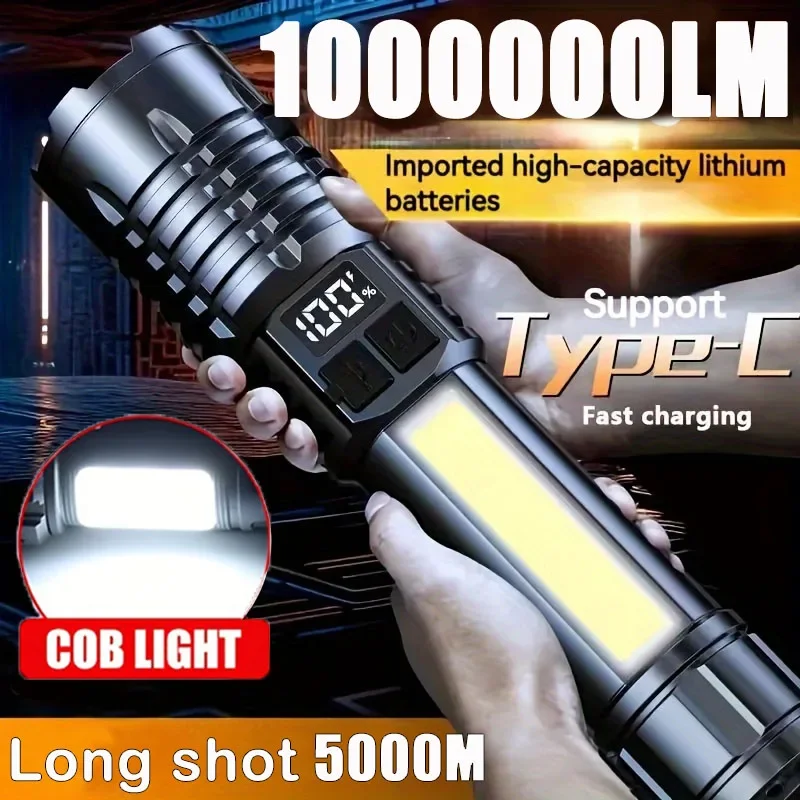 Super Bright LED Zoomable Flashlight with Power Display USB Rechargeable Waterproof Emergency Torch for Outdoor Camping Fishing