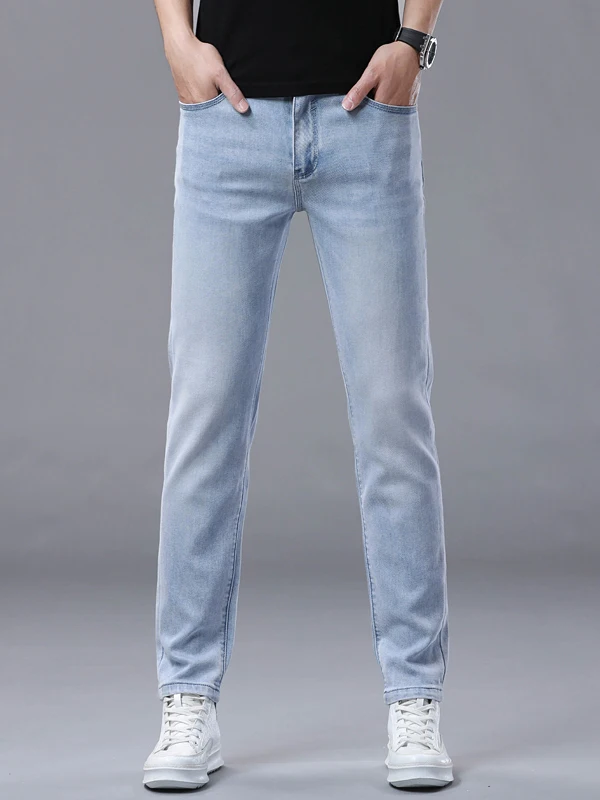 

High-End Luxury Men's Slim Fit Rigid Jeans Summer Thin Style Casual Versatile Long Pants Cotton Stretch Denim mid Waist Zipper