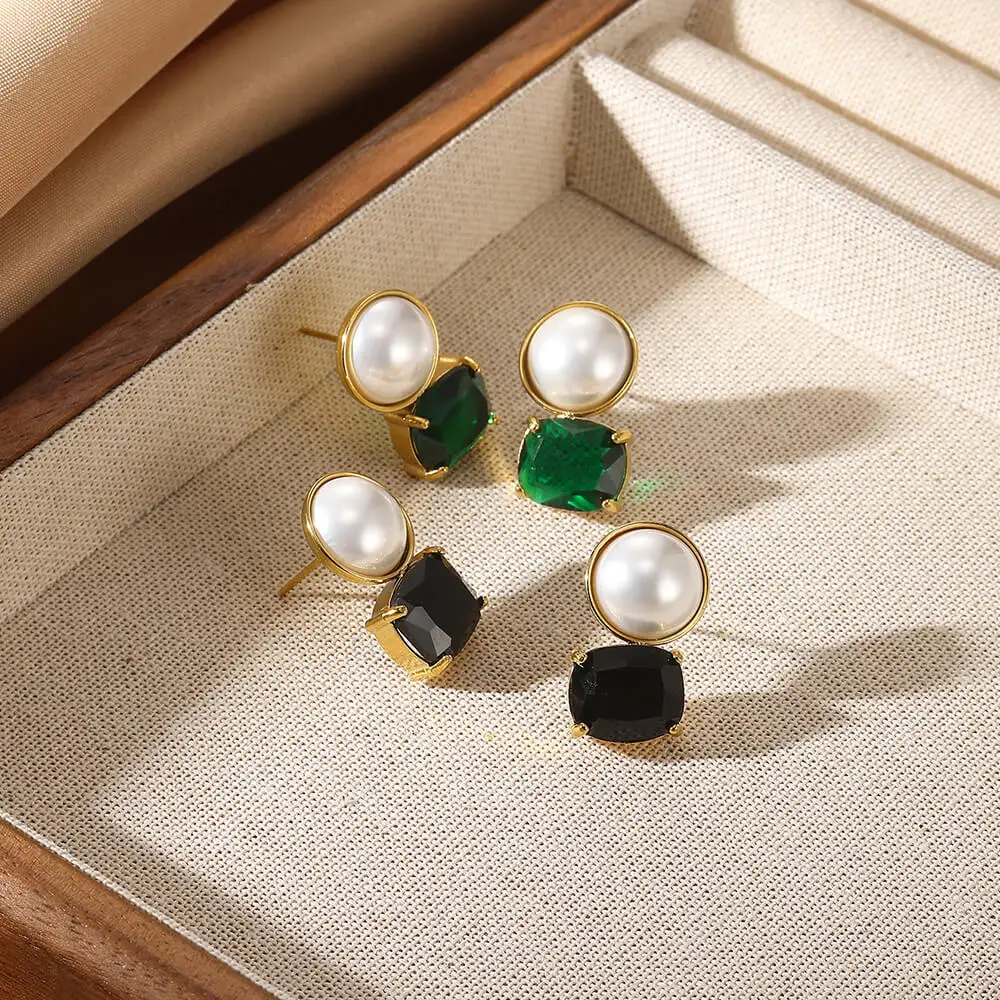 

Vintage Green Square Zircon Pearl Earrings For Women Gold Color Stainless Steel Geometric Earrings Wedding Party Gifts