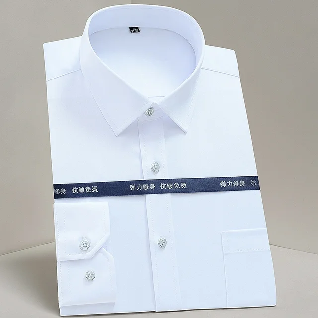 Nowe koszule męskie przeciwzmarszczkowe Koszule z długim rękawem dla mężczyzn Slim Fit Camisa Social Business Bluzka Kieszonka Biała Koszula S-4XL