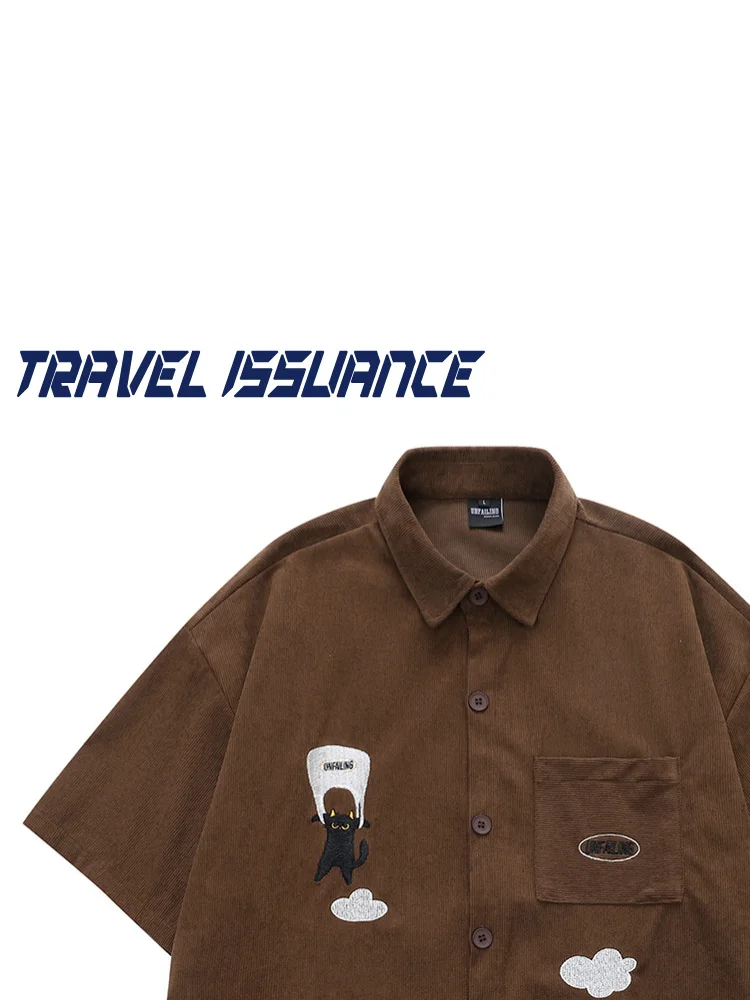 Travel Issuance Cloud between Black  Lazy Street Style Loose Embroidered Short Sleeve Casual Trendy Brand Men's Shirt