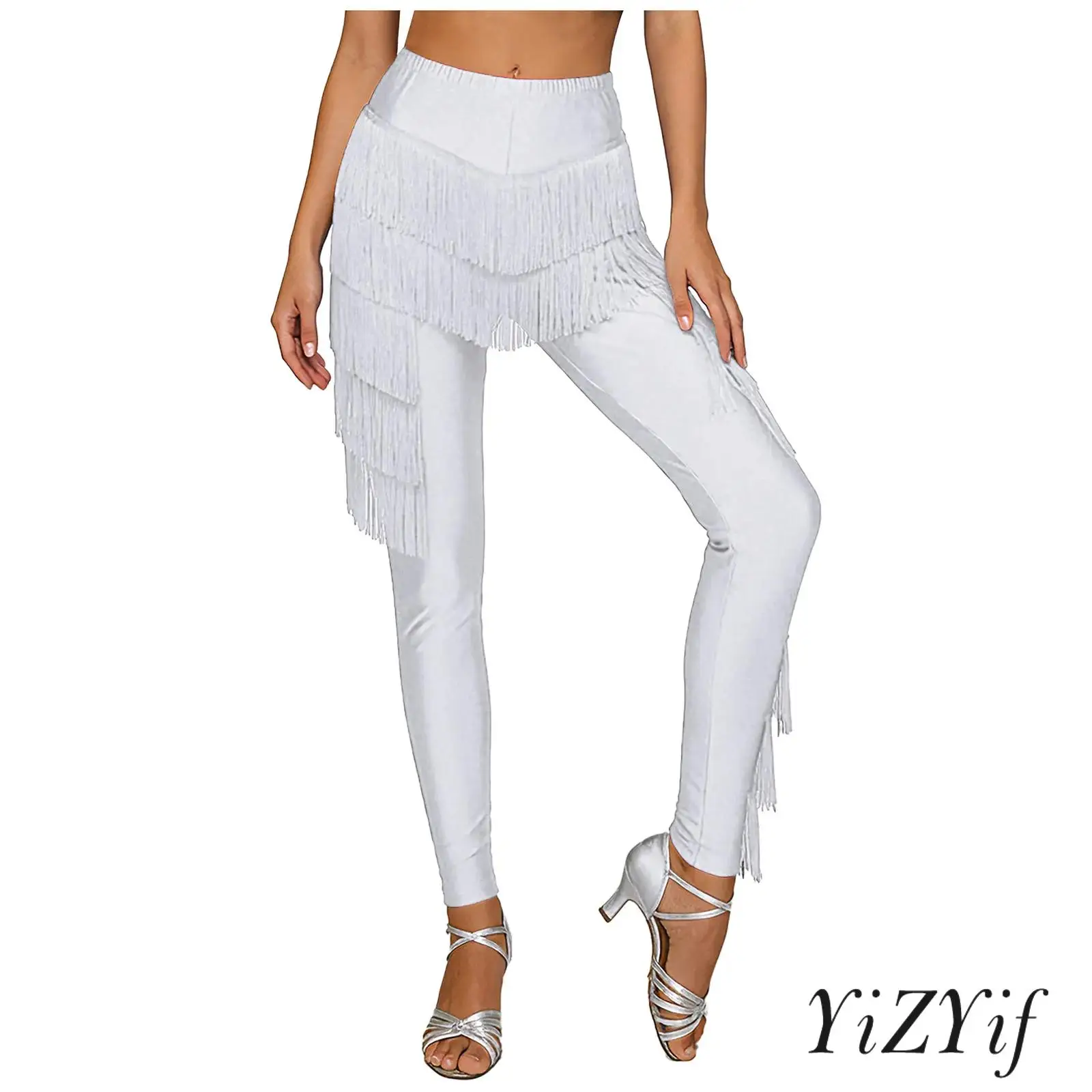 

Women Tango Chacha Dance Latin Long Pants Tiered Tassel Elastic Waistband Leggings Trousers for Stage Ballroom Dance Performance