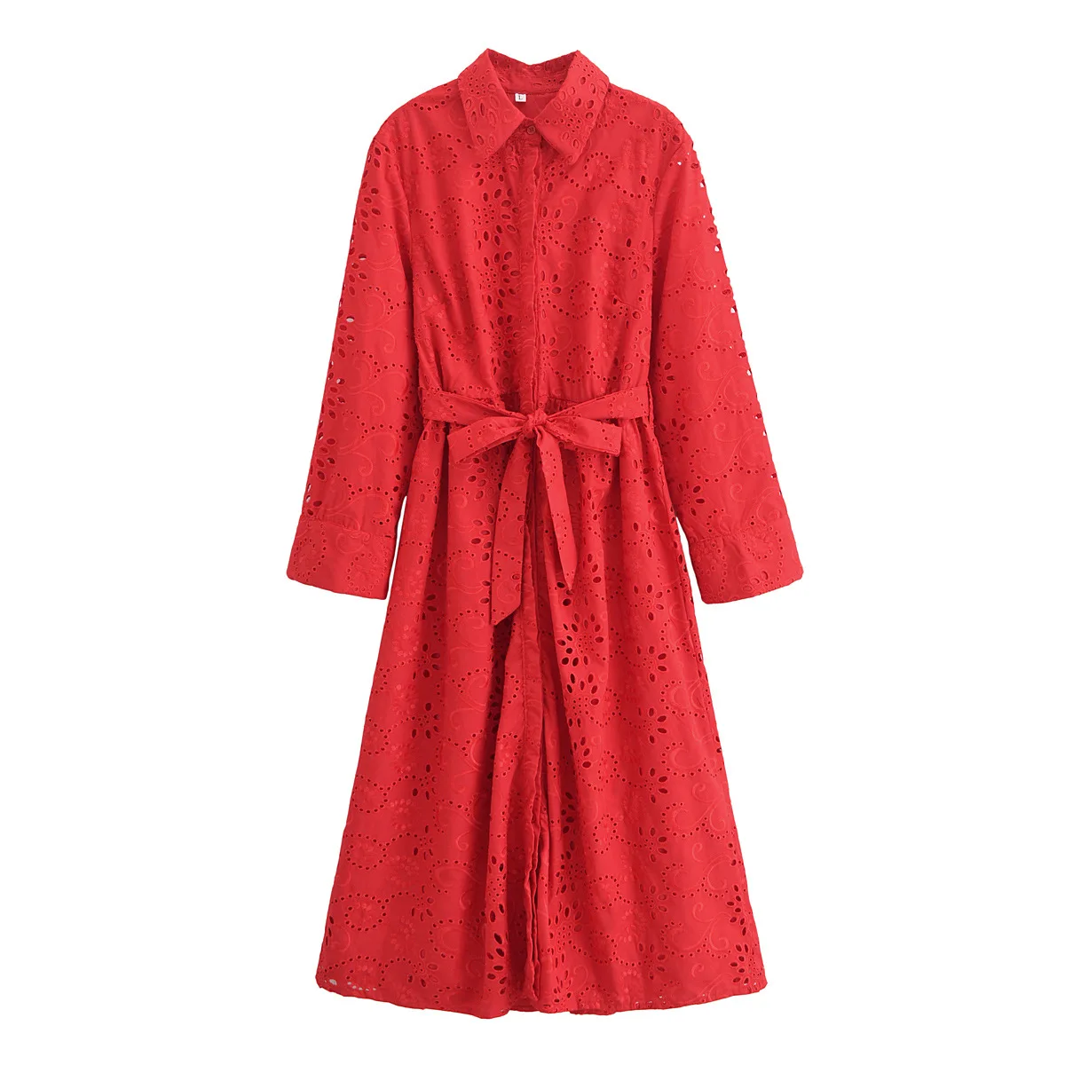 Red Long-sleeved Shirt Embroidered Dress Lapel Single-breasted Button-down Belt Casual Long Dress 2024 Autumn Women's Clothing