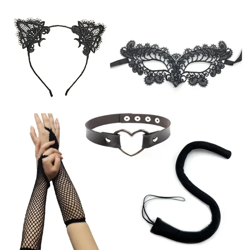 Ensemble de costumes de chat d'Halloween pour femmes – Masque de princesse sexy en dentelle, bandeau et masque pour les yeux, accessoires de fête en tissu noir