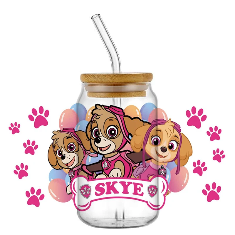 Mininstants-Tasse à café en verre, chien mignon, équipe, dessin animé, chiot, UV, DTF, rond, 16oz, étiez bey, nouveau design, uvdtf, rond,