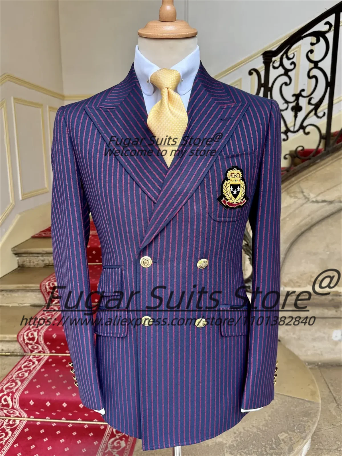 

Business Formal Stripe Men Suits Customized Slim Fit Double Breasted Groom Wedding Tuxedos 2 Pieces Sets Male Party Blazers