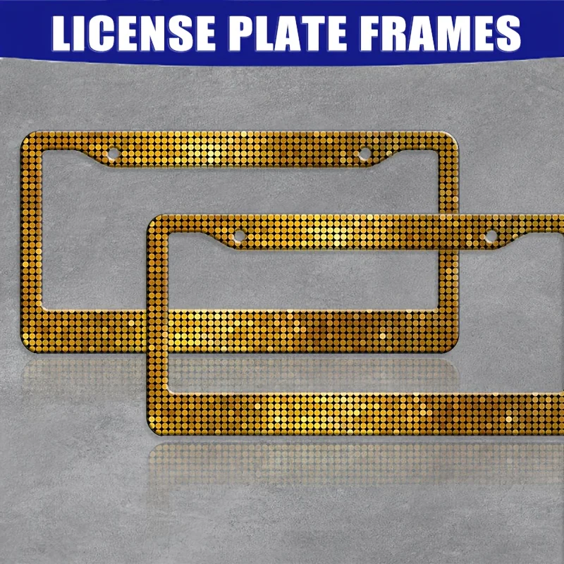 2Pcs Gold Sequin Bling License Plate Frames Shiny Sparkle Disco Ball Style Universal Fit Car Tag Holders for Glam Drivers
