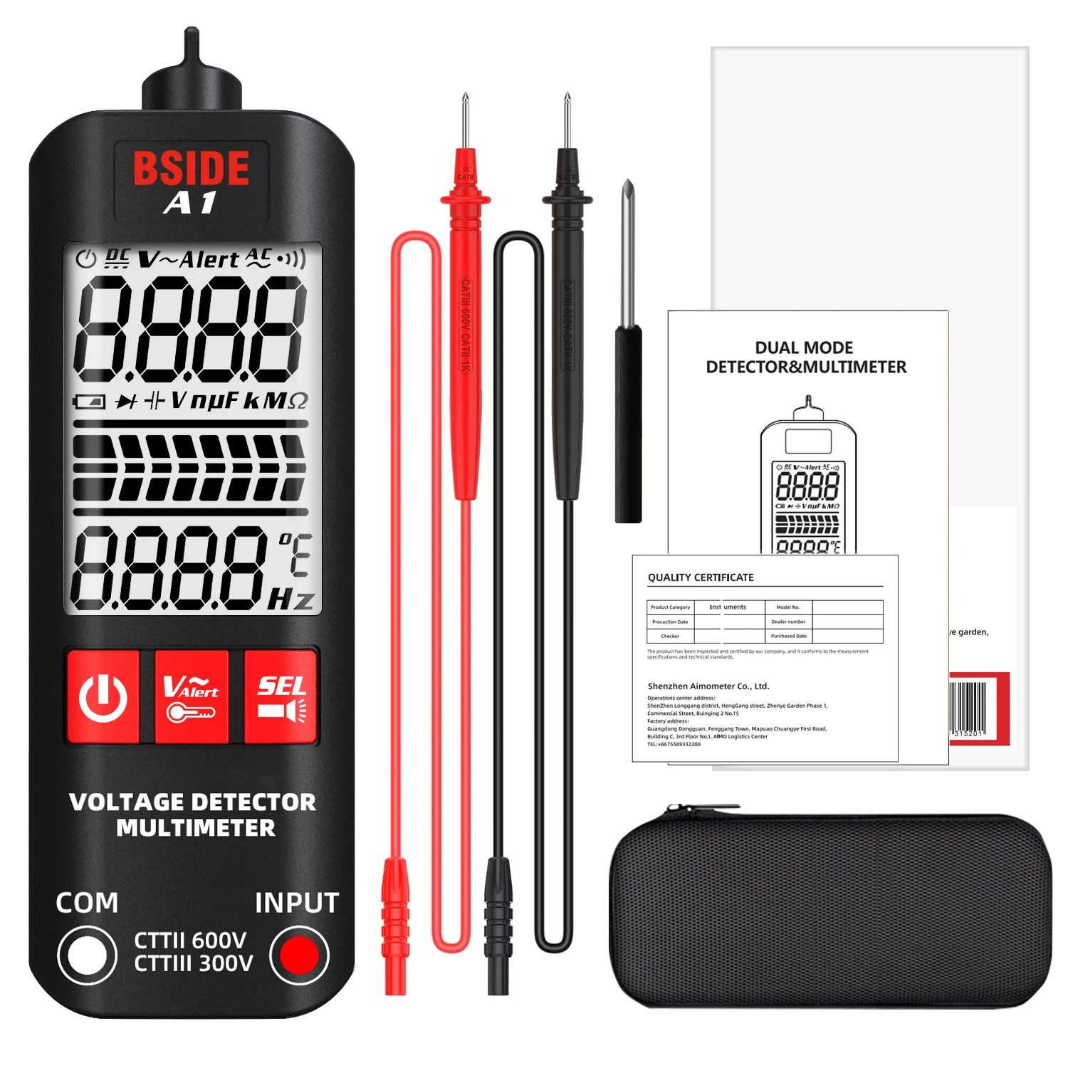 BSIDE A1 Mini Multimeter LCD Digital Tester Voltage Detector 2000 Counts DC/AC Voltage Frequency Resistance NCV True RMS Meter