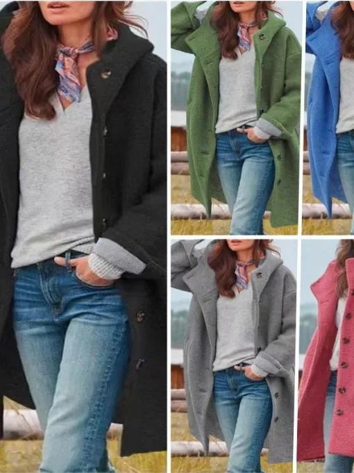 

Women's Winter Hooded Long Sve Loose Fit Color Coat Jaet Silk Knitted Thiened Outerwear for Autumn Season