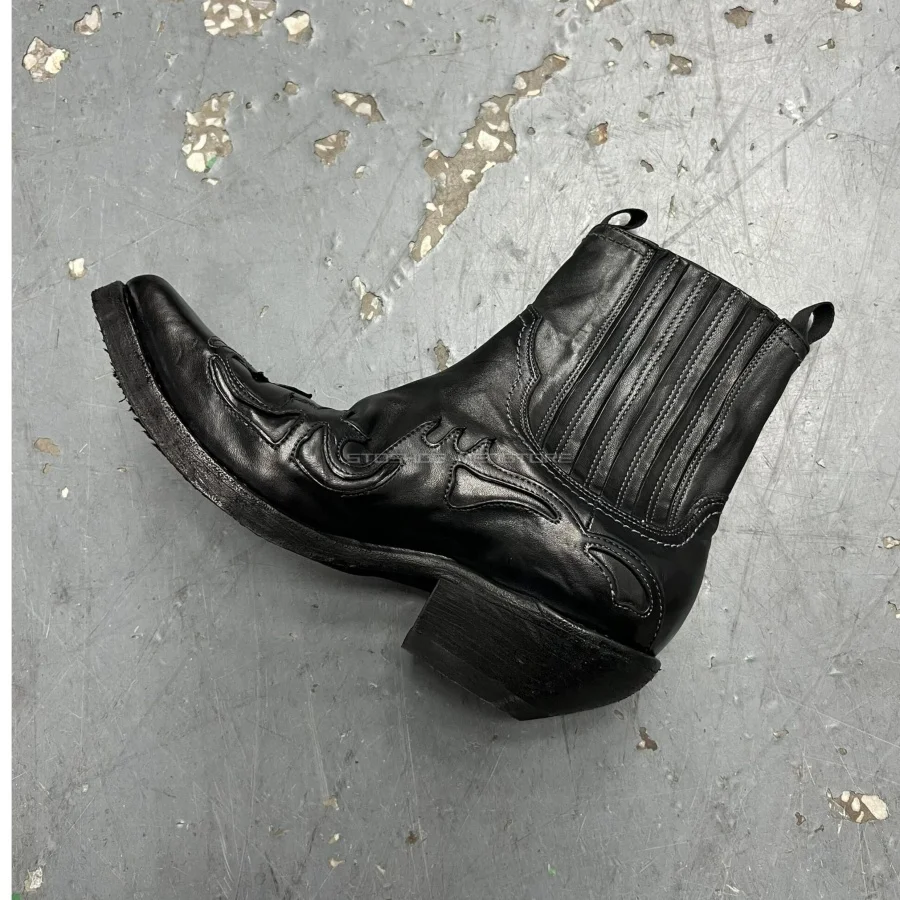 Vintage Distressed Flame Embroidery Western Boots Men Pointed Toe Elastic Side Chelsea Ankle Boots Witch Leather Cowboy Boots
