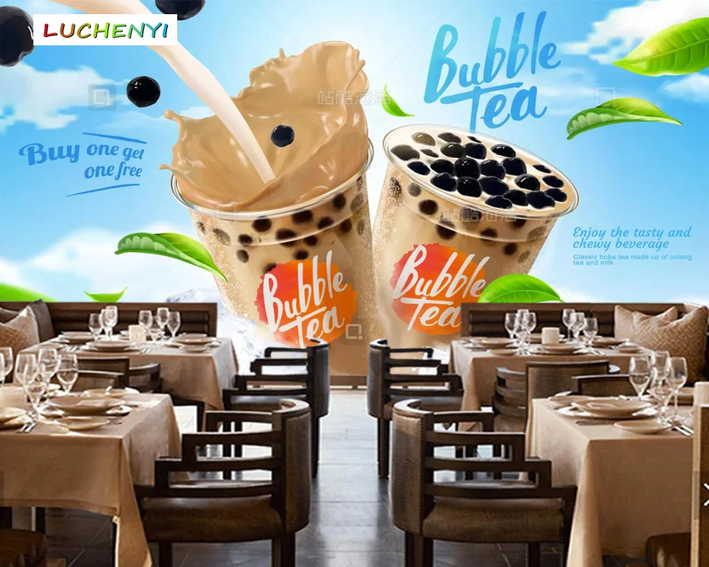 Papel de parede custom bubble tea 3d wallpaper mural, restaurant coffee juice shop dining room wall papers sticker