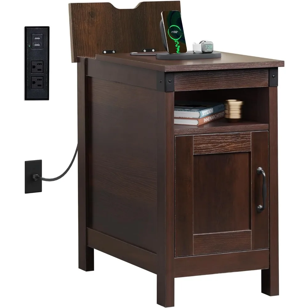 End Table with Charging Station, Narrow Side Table for Living Room, Farmhouse Night Stand with Storage, Small Wooden Cabin