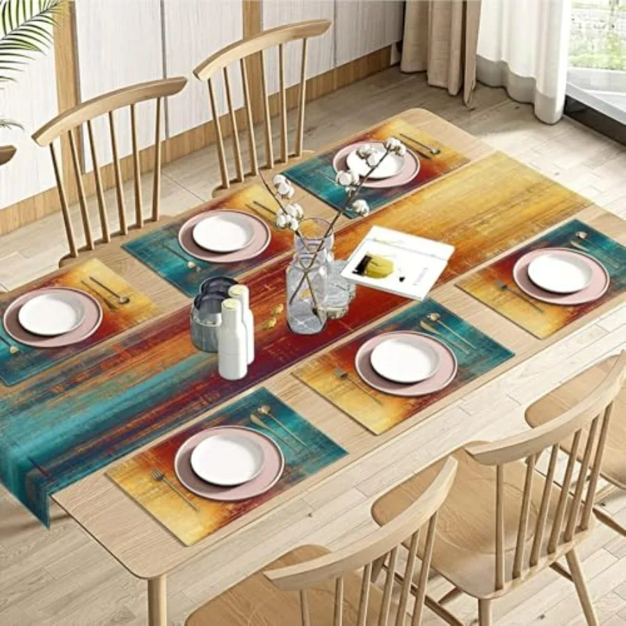 

Blue Orange Table Runner and Placemats Set of 6, Vintage Abstract Messy Rust Painting Art Dining Decor for Daily Use 1 Table Ru
