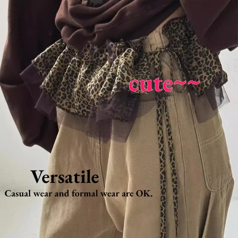 2025 nuevos accesorios de ropa estampado de leopardo con cordones gasa apilada cinturón de abrigo con sello de cintura corta para mujer