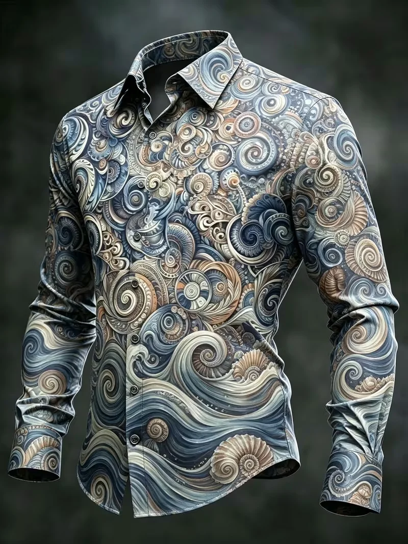 New men's wave patterned long sleeved shirt with pink, blue, and beige contrasting colors, men's fashionable lapel top