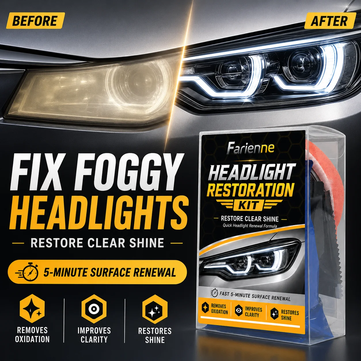 Farienne Headlight Restoration Kit Car Lens Cleaner For Yellowed Cloudy Oxidized Headlights Taillights Fog Lights