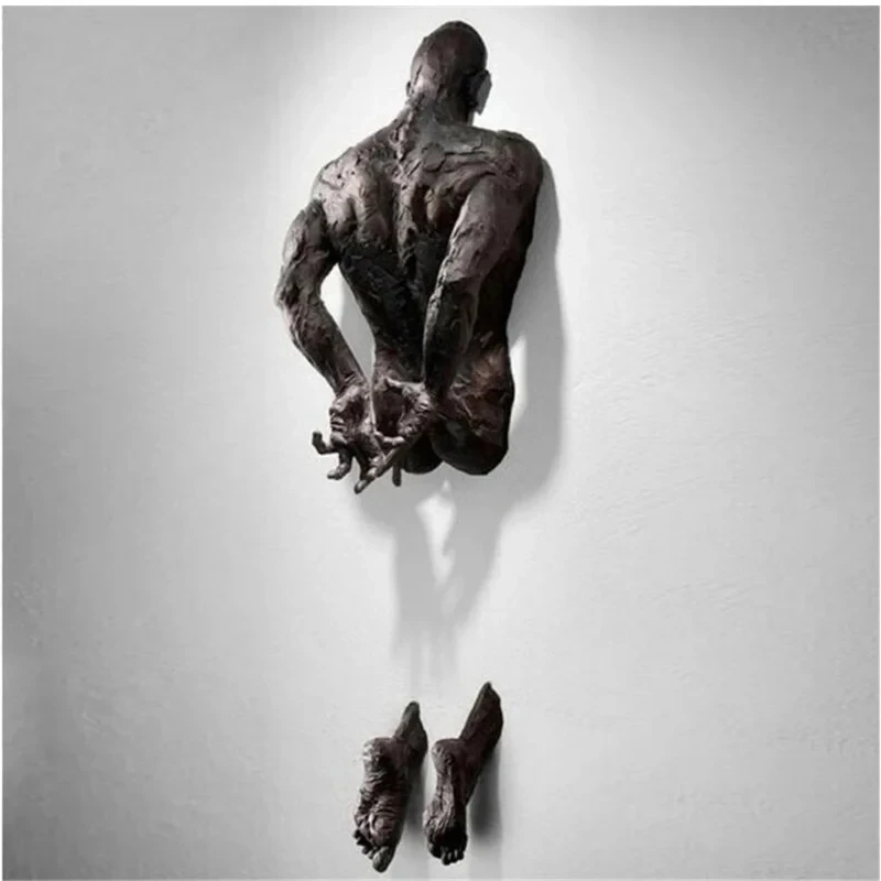 New Imitation Copper Wall Decor Abstract Character Resin Rock Climbing Man Statue Sculpture Background Wall Art 3D Through Wall